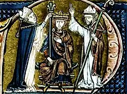 Two bishops standing by a bearded man sitting on a throne and wearing a crown