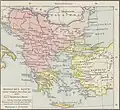 The Serbian Empire in 1350 according to 19th century German historian Gustav Droysen. Contemporary historiography notes that Bosnia recognized Emperor Stefan Dušan's title, but he directly ruled only parts of eastern Herzegovina[8]