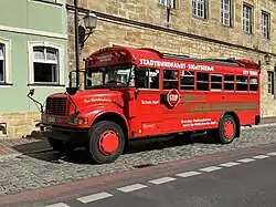 2003 Blue Bird International 3800 as a sightseeing hop on hop off bus in Bamberg, Germany.