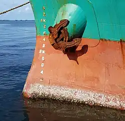 Barnacles on a ship. The resulting biofouling creates drag, slowing the ship and reducing its fuel efficiency.[51]