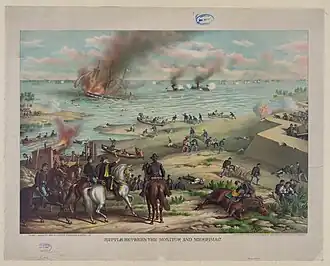 Painting of land battle scene in foreground and naval battle with sinking ships in background