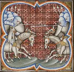 A miniature depicting two groups of heavily armed horsemen fighting with lances against each other