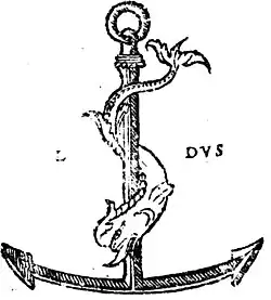 A picture of a dolphin wrapped around an anchor, Manutius's imprint