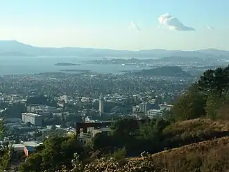 The City of Berkeley, San Francisco Bay, and Marin County in the background as seen from the Claremont Canyon reserve