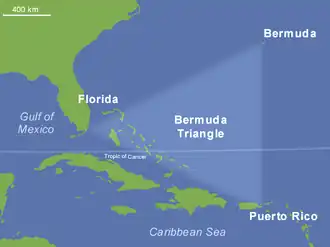 Map showing the Bermuda Triangle, with its three points located at Bermuda in the top right, Puerto Rico in the bottom right, and the southern coast of Florida on the left.