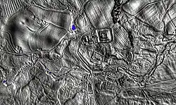 A lidar view of Bewcastle hexagonal Roman fort, castle and DMV in Cumbria
