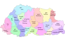 A map of Bhutan showing its 20 dzongkhags