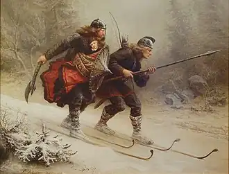 Loyal retainers transporting Prince Haakon IV of Norway to safety on skis during the winter of 1206–1869 depiction by Knud Bergslien.