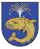 A coat of arms depicting a sea creature with sharp teeth, one protruding bottom tooth, and a blowhole spewing water