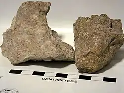 Rocks from the Bishop tuff in California: unwelded with pumice on left, welded with fiamme on right