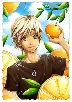 A manga style drawing of a slender young man with blonde hair and green eyes holding an orange.