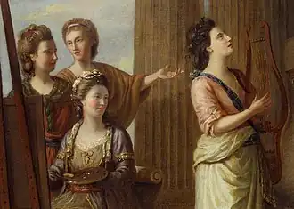 Detail from a painting, showing four women dressed in classical-inspired costumes in front of a pillar