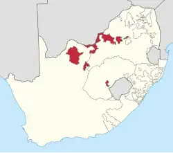 Location of Bophuthatswana (red) within South Africa (beige).