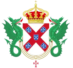 Crowned coat of arms of the house of Braganza supported by 2 dragons