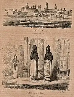 View of Lima and the Tapada limeña (a colonial women fashion) in a painting of 1842 by d'Orbigny and Benoît. Museum of the Americas, Spain.[32]