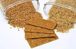 Buckwheat (left), buckwheat flakes (fast cooking) (right), and crispbread made of buckwheat flour