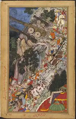 Bullocks dragging siege-guns up hill during Mughal Emperor Akbar's Siege of Ranthambore Fort in 1568.[71]
