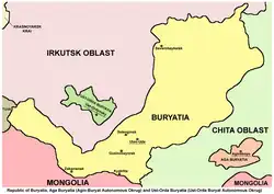 Map of autonomous Buryat territories (until 2008): Republic of Buryatia and autonomous okrugs of Aga Buryatia and Ust-Orda Buryatia