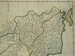 The Amur (under its Manchu name, Saghalien Oula) and its tributaries on a 1734 map by Jean Baptiste Bourguignon d'Anville, based upon maps of Jesuits in China. Albazin is shown as Jaxa, the old (Ming) site of Aigun as Aihom and the later, Qing Aigun, as Saghalien Oula.
