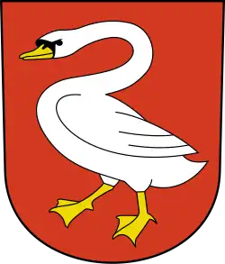 The flag of the Swiss municipality of Horgen; the swan symbolizes the town's location along the south bank of the Lake Zurich and its political status as the administrative capital of the Horgen District.
