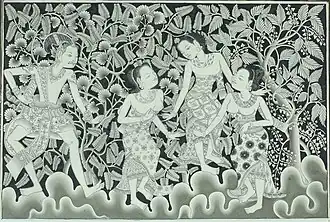 Modern painting of Prince Panji of Java meeting three women in the jungle