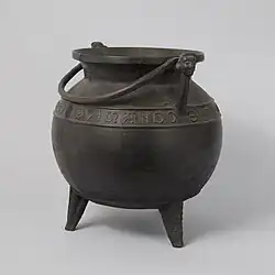 French or South Netherlandish Medieval caldron; 13th or 14th century; bronze and wrought iron; height: 37.5&nbsp;cm, diameter: 34.3&nbsp;cm; Metropolitan Museum of Art