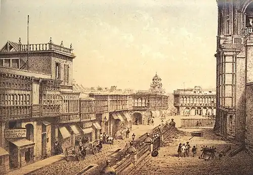 Colonial Calle de los Judíos (Jewish quarter) (Lima) in 1866 by Manuel A. Fuentes and Firmin Didot, Brothers, Sons & Co. University of Chicago Library.[34]