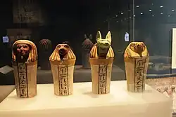 Complete set of canopic jars decorated with hieroglyphics; 744–656&nbsp;BC; painted sycomore fig wood; various heights; British Museum (London)