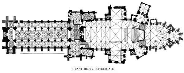 Plan of Canterbury Cathedral showing the complex ribbing of the Perpendicular vaulting in the nave and transepts