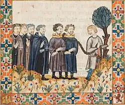 Miniature of the Cantiga #275 depicting two monks hospitaller with rabies being carried before St. Mary of Terena[150]