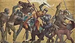 Joan in armor and surcoat being pulled off her horse by soldiers.