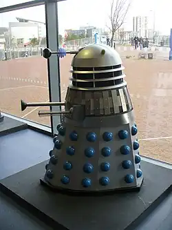 Mark 3 Dalek casing model on display at the Cardiff Doctor Who Experience, demonstrating the basic Dalek casing design used throughout the original Doctor Who series