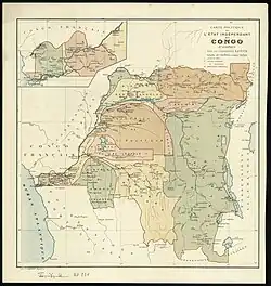 Non-dated (though from 1894 at the earliest, due to the existence of the Lado Enclave) French-language map of the Congo Free State and its subdivisions. The map overestimates Lake Bangwelu's size, which in reality does not come into contact with the "Congo Pedicle".