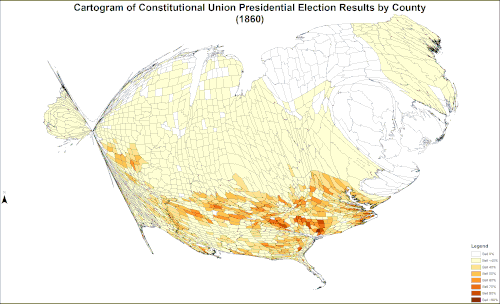 Cartogram of Constitutional Union presidential election results by county