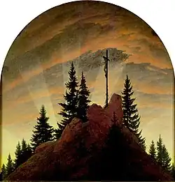 Caspar David Friedrich, Cross in the Mountains (Tetschen Altar), 1808. Friedrich's first major work, breaking with the traditional representation of crucifixion in altarpieces by depicting the scene as a landscape.