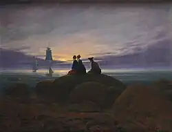 Moonrise over the Sea (1822). 55 × 71&nbsp;cm. Alte Nationalgalerie, Berlin. From the early 1820s, human figures appear with increasing frequency in his paintings.[32]