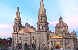 Guadalajara Cathedral, built between 1561-1618 (spires and dome were rebuilt between 1851-1854) by Martín Casillas, José Gutiérrez, Manuel Gómez Ibarra.[93][94]