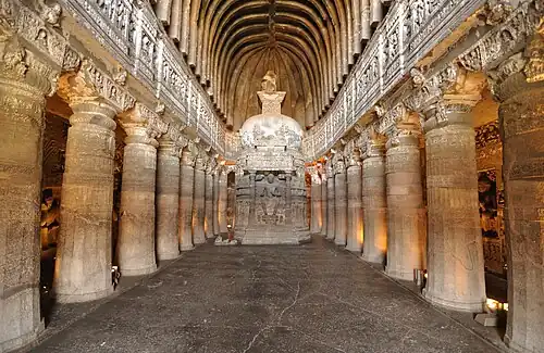 Cave 26, a Buddhist shrine, of the rock-cut Ajanta Caves