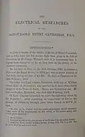 First page of a 1879 copy of "The Electrical Researches of the Honourable Henry Cavendish F.R.S."