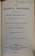 Title page of a 1879 copy of "The Electrical Researches of the Honourable Henry Cavendish F.R.S."