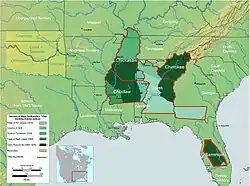 Map of the southern United States showing in dark green areas ceded by Indians.[222]