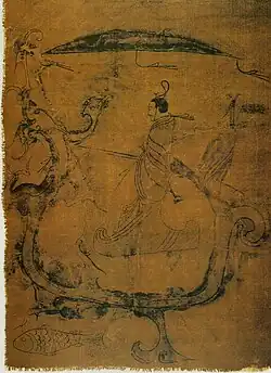 Eastern Zhou silk painting featuring a man wearing shenyi and a guan with a dragon.