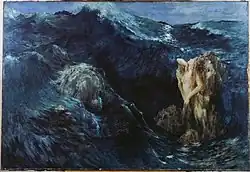 Gateway to Hell: the Fellowship's passage through the West-gate has been compared to Odysseus's passage between the devouring Scylla and the whirlpool Charybdis.[5] Painting by Ary Renan, 1894