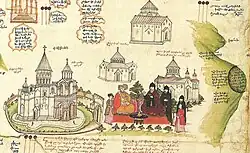 Ararat depicted vertically (right) on a 1691 map by Eremya Çelebi along with Etchmiadzin Cathedral and other churches of Vagharshapat.[202]
