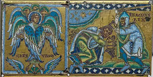 Medieval style portrait of Cherub and Heraclius receiving the submission of Khosrow II; plaque from a cross (Champlevé enamel over gilt copper).
