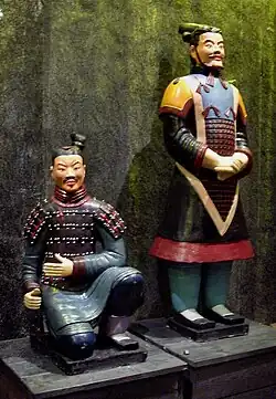 Terracotta Army soldiers in colours wearing shangru under their daru with ku trousers, Qin dynasty.