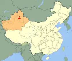 City limits of Ürümqi (red) in Xinjiang (orange)