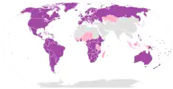 Countries with 50% or more Christians are colored purple; countries with 10% to 50% Christians are colored pink.
