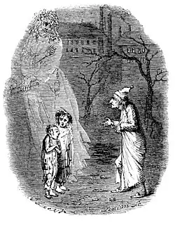 Scrooge being shown two small children, depicting Ignorance and Want, by the Ghost of Christmas Yet to Come