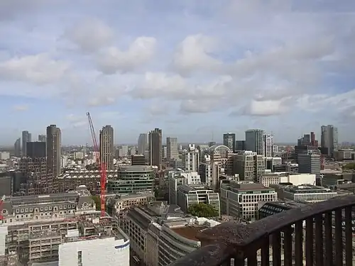 The "northern cluster" of the City of London. Some of the smaller skyscrapers shown here include: the Barbican Estate, Finsbury Tower, The Heron, Citypoint, One Crown Place, The Stage, Principal Tower and the Broadgate Tower. Also shown in the distance on the far left are 250 City Road and Lexicon Tower in the London Borough of Islington. Also approved for this cluster is the 154&nbsp;m-tall (505&nbsp;ft) 2–3 Finsbury Avenue and the 156&nbsp;m-tall (512&nbsp;ft) 13–14 Appold Street